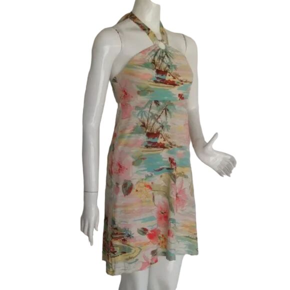 TOMMY BAHAMA Halter Dress, S, Beach/Island Print Hibiscus/Palm Trees, Multicolor - Picture 2 of 12